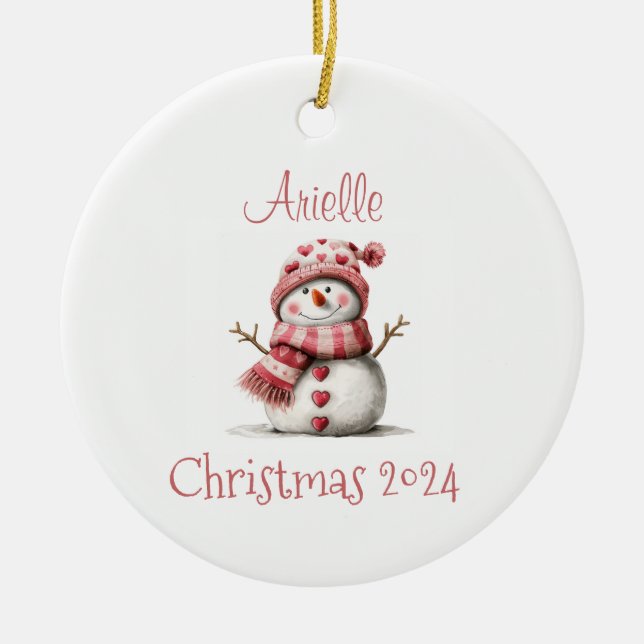 Ornamento personalizado de Snowman de corazones ro (Frente)