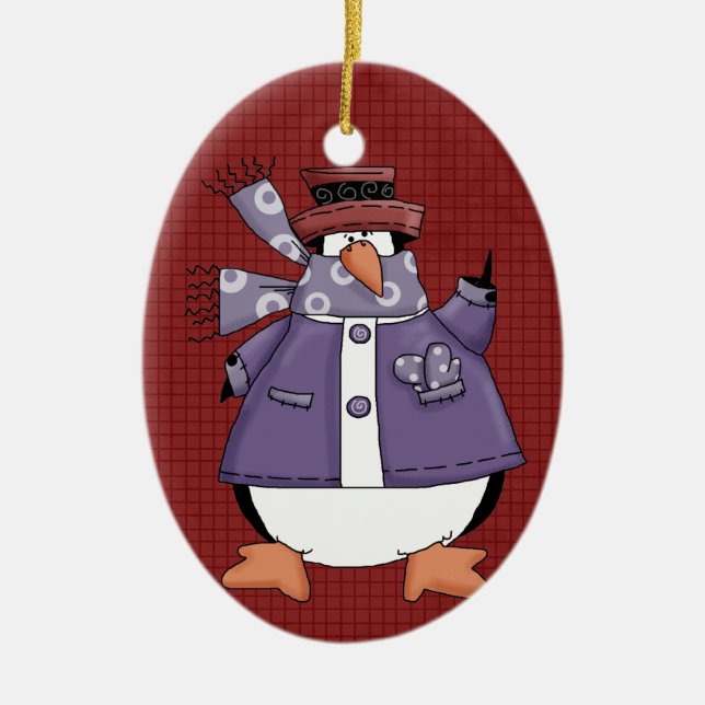 Ornamento Purple Penguin Cerámico de Navidad (Frente)