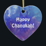 Ornamento púrpura del corazón de la pintura de la<br><div class="desc">Este ornamento del corazón tiene una pintura de una composición abstracta con aguamarina,  el azul,  blanco y púrpura y la expresión: "Chanukah feliz!" Es un gran artículo de la decoración del día de fiesta para su sitio y un bonito regalo para su amor unos.</div>