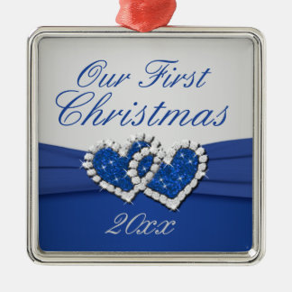 Ornamento real de corazón azul y plata unido