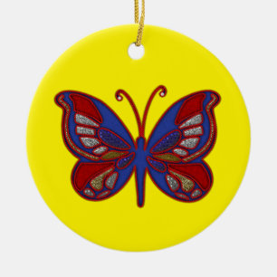 Ornamento redondo amarillo-mariposa azul rojo blan