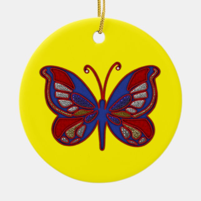 Ornamento redondo amarillo-mariposa azul rojo blan (Frente)