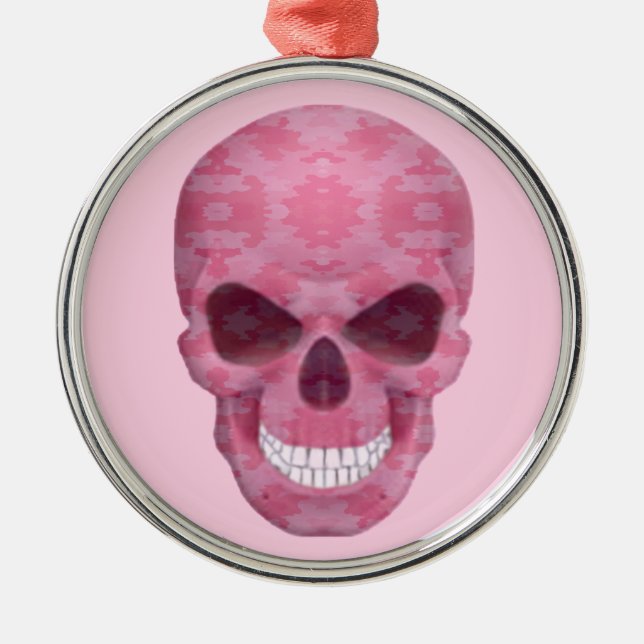 Ornamento redondo de cráneo de camuflaje rosa (Frente)
