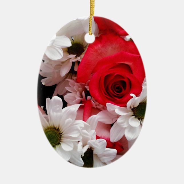Ornamento rojo-blanco-Rosas-daisies-Bouquet-Oval (Frente)