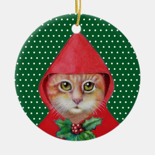 Ornamento rojo de la capa con capucha del gato del (Frente)