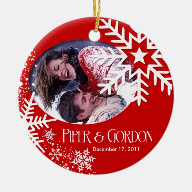 Ornamento (rojo) de la foto de los copos de nieve (Frente)