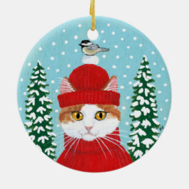 Ornamento rojo del invierno del pájaro del gato