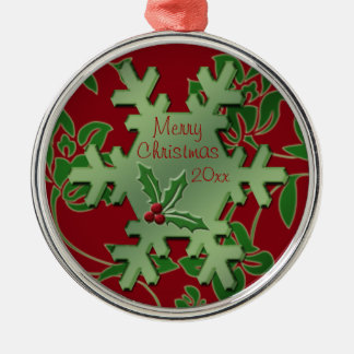 Ornamento rojo floral y verde de copo de nieve pre