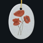 Ornamento rojo romántico de las amapolas<br><div class="desc">Añada un tacto romántico a su árbol de navidad con este ornamento de cerámica oval de mi dibujo en colores pastel digital creado de la original, evocador de pinturas florales a partir del siglo XIX. La imagen está de tres amapolas rojas en el centro de un pedazo - azul -...</div>