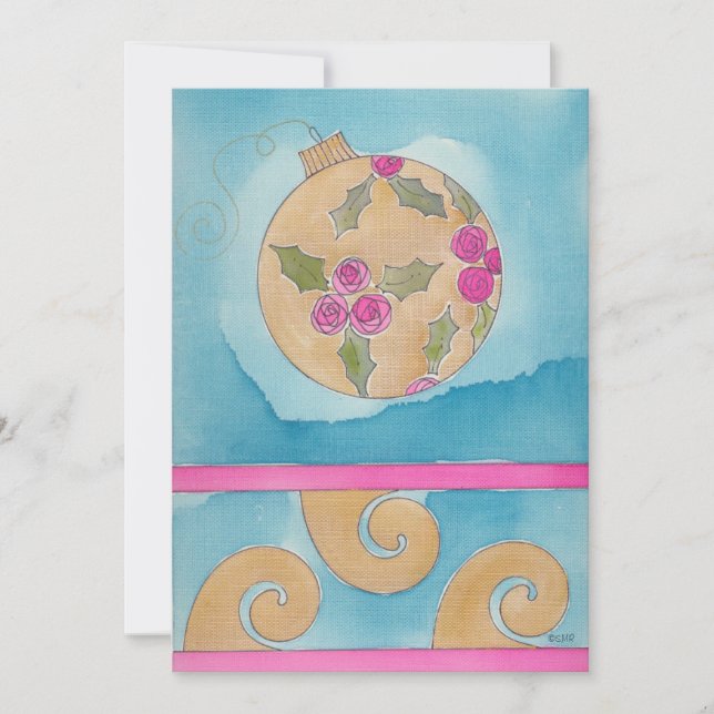 Ornamento rosa y holly - Tarjeta de Navidad plana (Anverso)