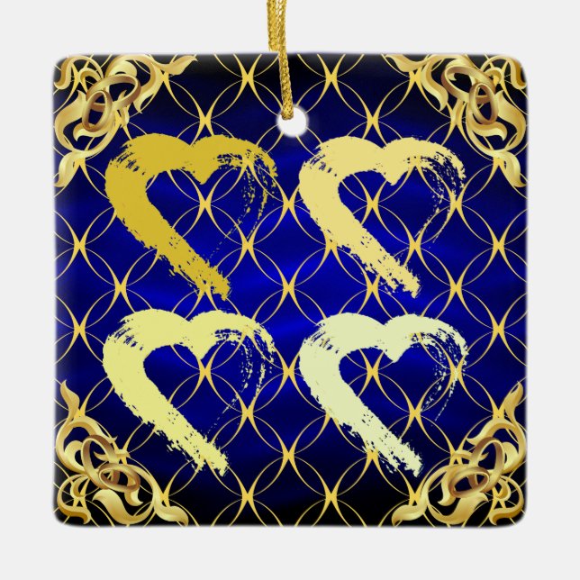 Ornamento Royal Blue and Gold Hearts de lujo (Anverso)