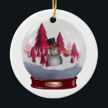 Ornamento Snowman Red Christmas Trees Globe de nie<br><div class="desc">De nuestra casa a la tuya - Un globo de nieve con un muñeco de nieve y árboles de Navidad rojos por dentro</div>