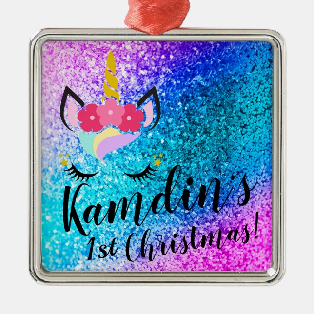 Ornamento XMAS Purpurina de unicornio personalizad (Frente)