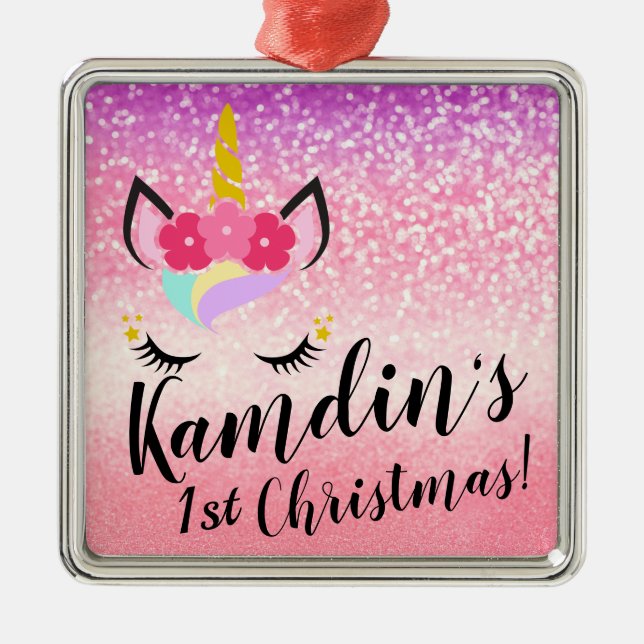Ornamento XMAS Purpurina de unicornio personalizad (Frente)