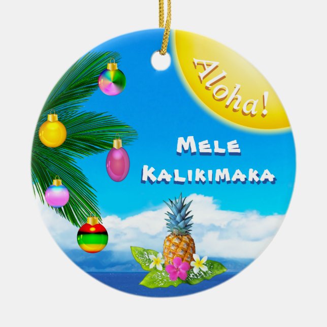 Ornamentos alegres de Mele Kalikimaka, 2 echados a (Frente)