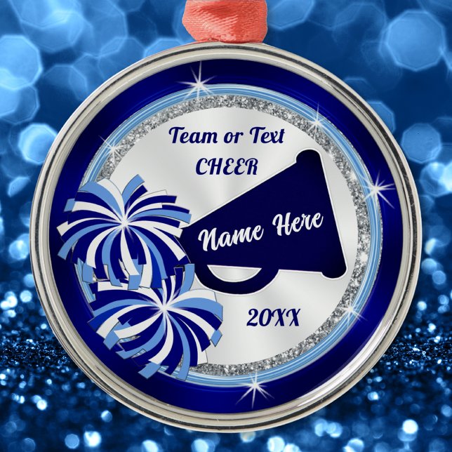 Ornamentos animadores personalizados, blues, blanc (Personalized Cheerleading Ornament. Cheer team Christmas gifts or Gifts for Senior Cheerleaders.)