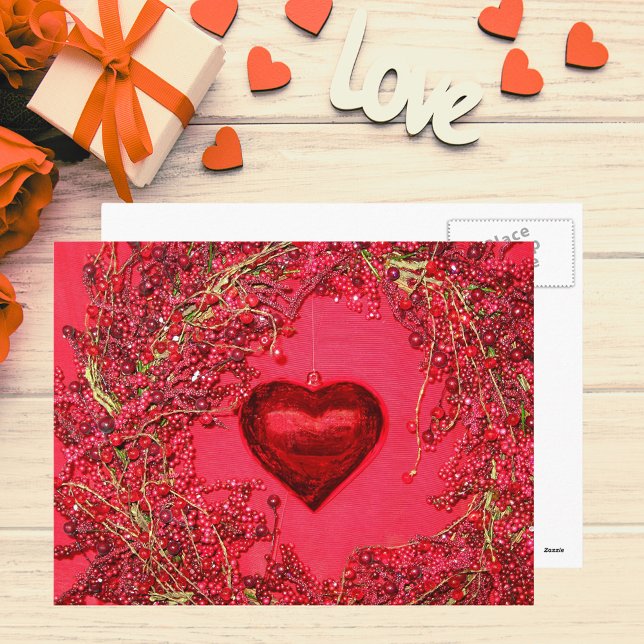 Ornamentos cardíacos en una postal de guirnalda co (Heart Ornaments in a Beaded Wreath Postcard)