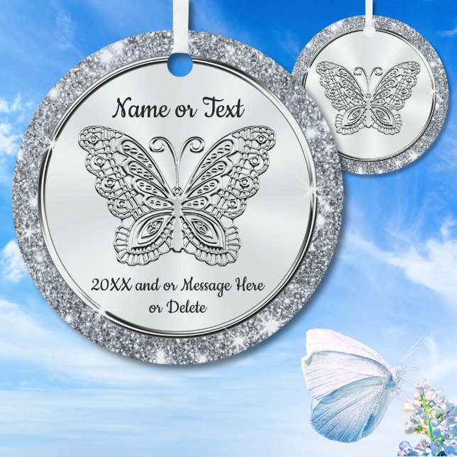 Ornamentos de árbol de Navidad de Bonito plateado, (Butterfly Christmas Ornament. Butterfly Memorial Ornament. Personalized Butterfly Ornaments. Gifts.)