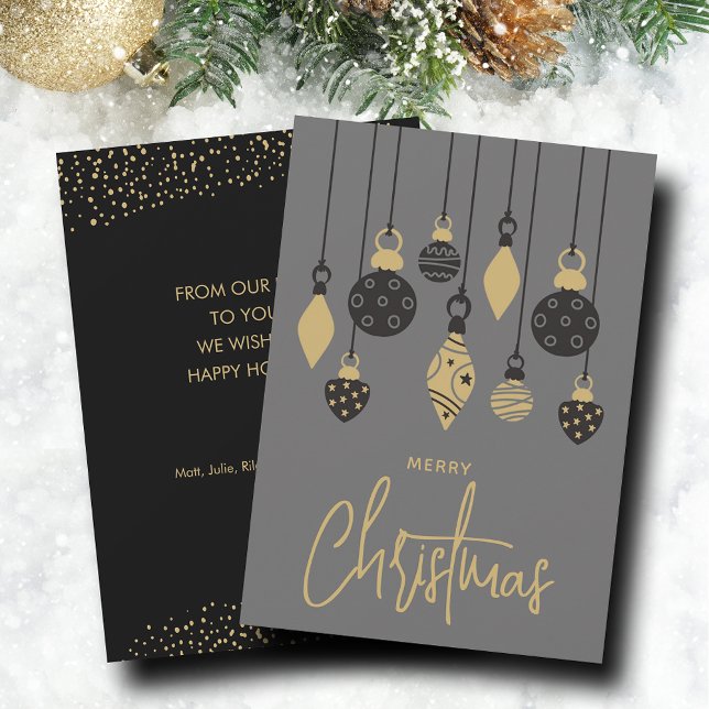Ornamentos de árbol de Navidad de moda (Black and gold Christmas tree ornaments on holiday greeting cards, PRINTED and/or INSTANT DOWNLOAD)