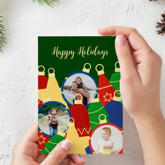 Ornamentos de Navidad retro Foto (Retro custom christmas card with ornaments and your photos)