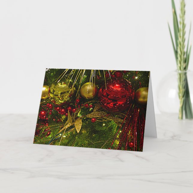 Ornamentos de Navidad Rojo y Oro en tarjeta de árb (Anverso)