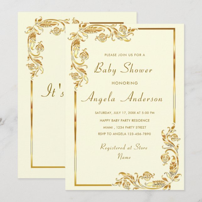 Ornamentos dorados enmarcados Baby Boy Invitación  (Anverso / Reverso)