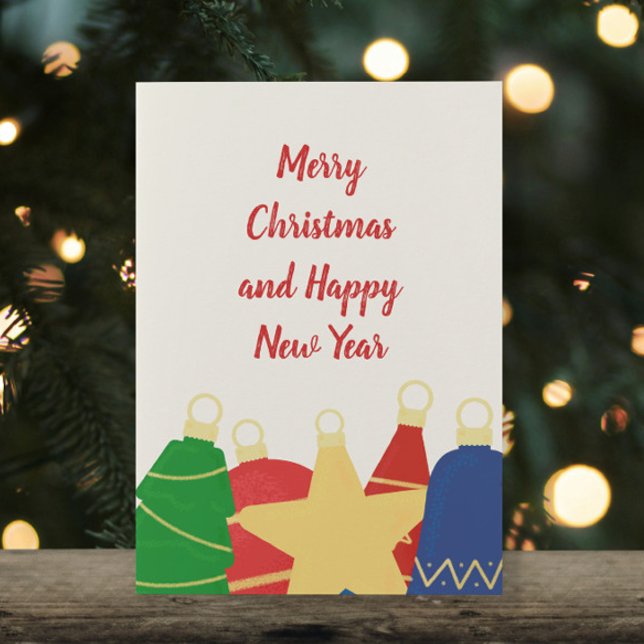 Ornamentos festivos de Navidad retro (Cute retro Christmas card with vintage red, blue, gold and green Christmas ornaments with your photo)