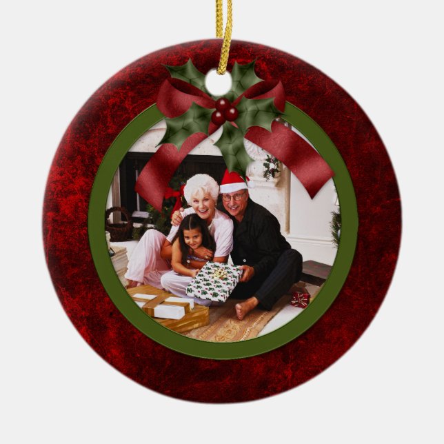 Ornamentos Navidades de Bow Rojo y Verde Holly Fot (Frente)