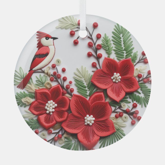 Ornamentos navideños cardinales bordados en 3D (Anverso)