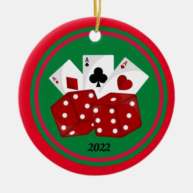 Ornamentos navideños del Casino de dados y tarjeta (Frente)