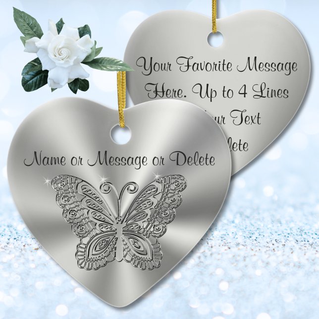 Ornamentos navideños mariposos con 2 cajas de text (Silver butterfly ornaments are special, memorial gift ideas. Inexpensive, butterfly ornaments bulk.)