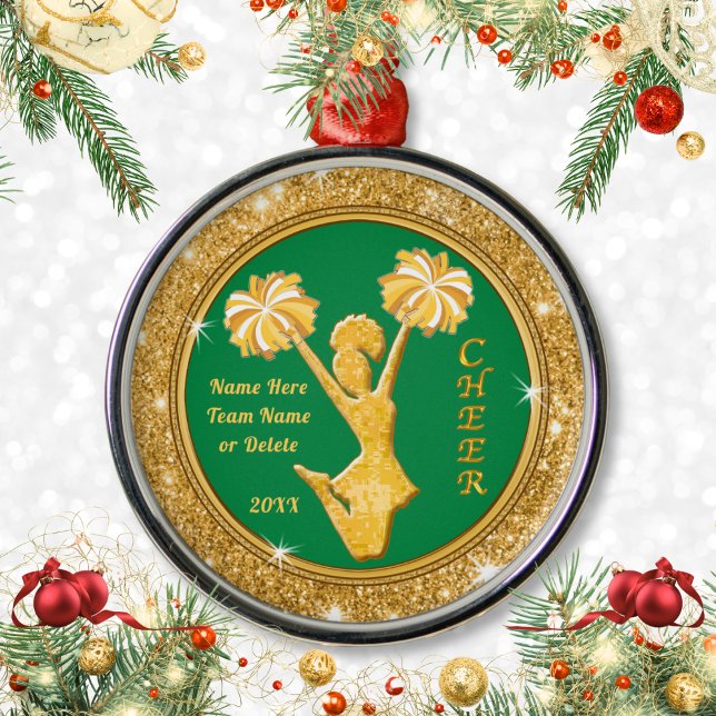Ornamentos navideños personalizados (Personalized Cheer Ornaments. Cheap gifts for Cheerleaders. Green and Gold, Cheer Ornaments. Custom.)