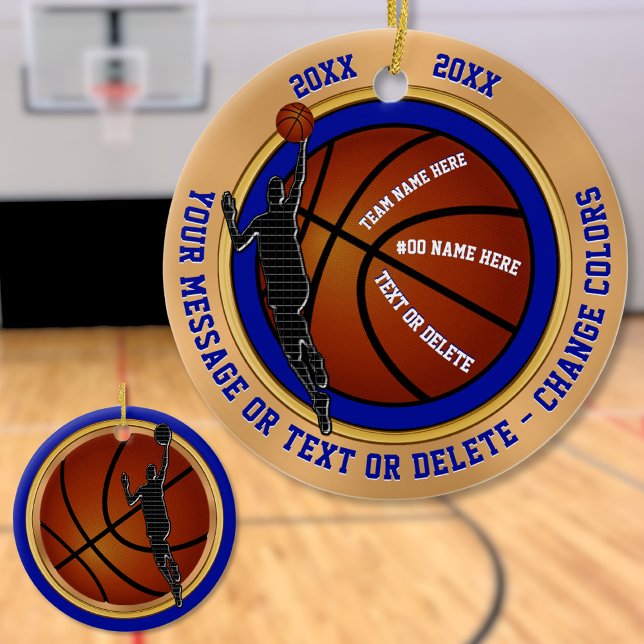 Ornamentos personalizados de baloncesto Blue Gold  (Gifts for Basketball Boys. Basketball Ornaments. Blue and Gold. Personalized Basketball Ornaments.)