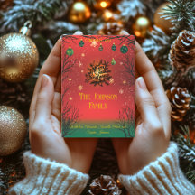 Ornamentos rojos y verdes festivos, tarjeta de nav