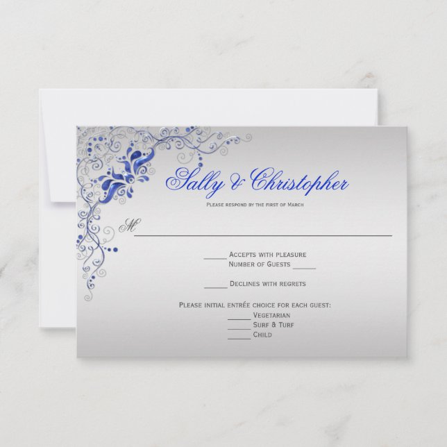 Ornate Blue and Silver floral Swirls RSVP (Anverso)