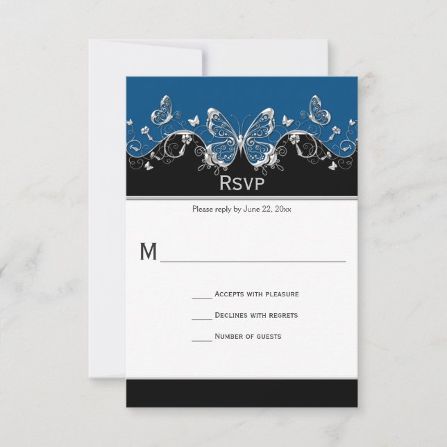 Ornate Blue Black Silver Butterflies RSVP (Anverso)