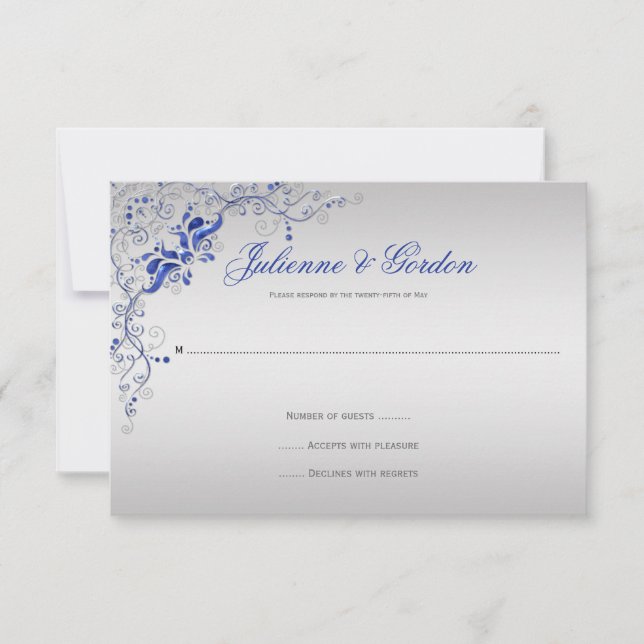 Ornate Blue Silver floral Swirls RSVP (Anverso)