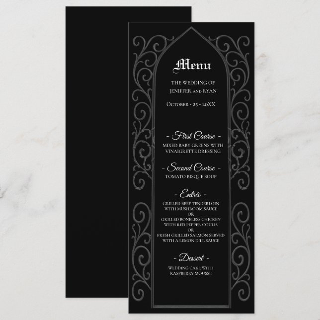 Ornate border black and white Gothic Wedding Menu (Anverso / Reverso)