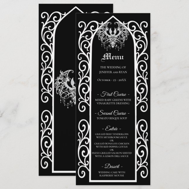 Ornate border black and white Gothic Wedding Menu (Anverso / Reverso)