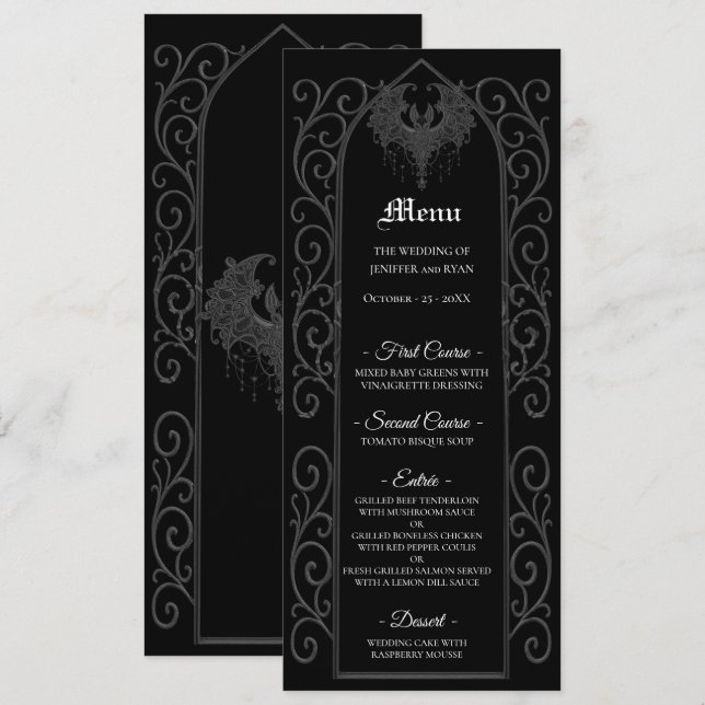 Ornate border black and white Gothic Wedding Menu (Anverso / Reverso)