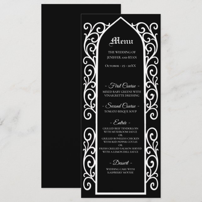 Ornate border black and white Gothic Wedding Menu (Anverso / Reverso)