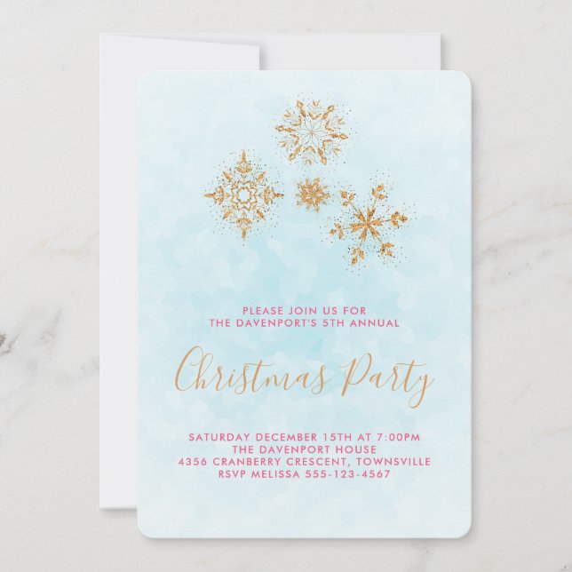 Ornate copos de nieve dorados en una invitación az (Anverso)