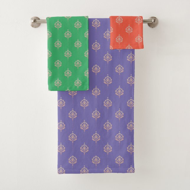 Ornate Damask Pattern in Orange, Purple & Green (In situ)
