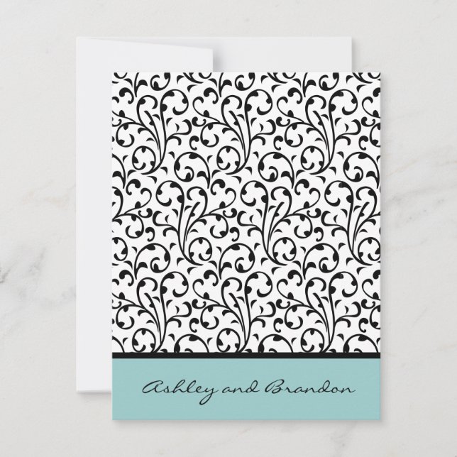 Ornate Damask Wedding RSVP Negro y Azul (Anverso)