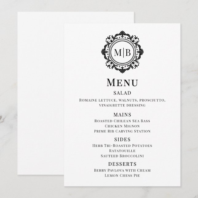 Ornate Floral Monograma Menú Boda Blanco Negro (Anverso / Reverso)