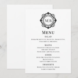 Ornate Floral Monograma Menú Boda Blanco Negro