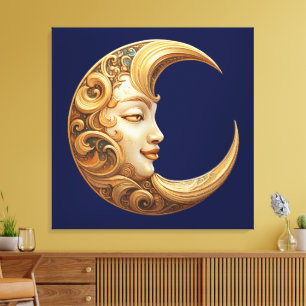 Ornate Golden Moon con cara de arte en pared