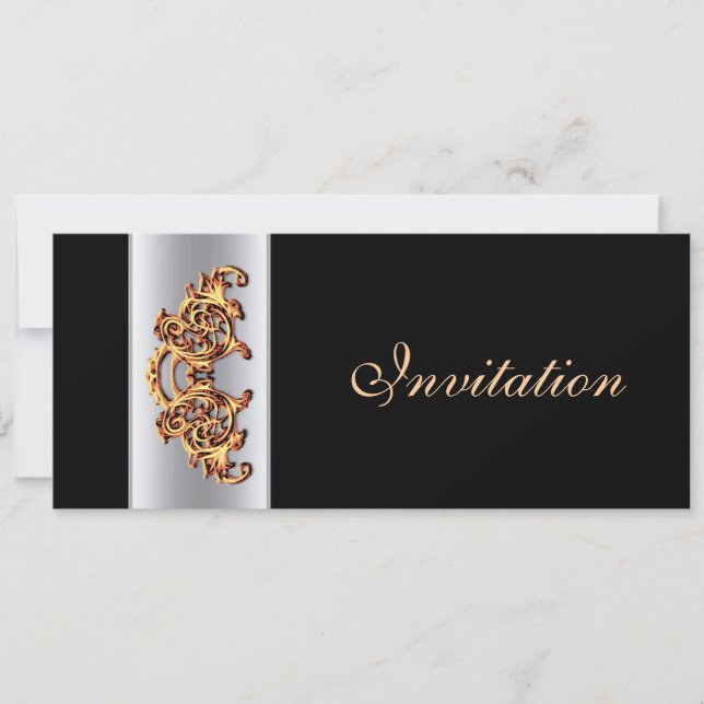 Ornate Invitación a la boda de oro de oro negro (Anverso)