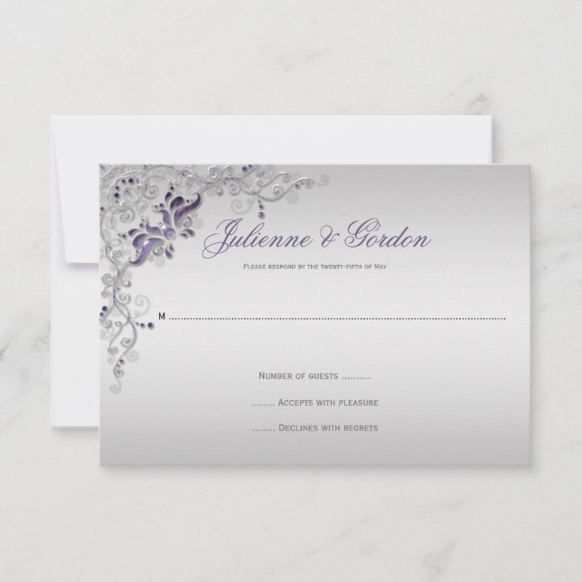 Ornate Purple Silver floral Swirls RSVP (Anverso)