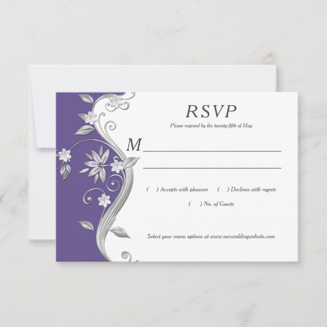 Ornate Púrpura y Plata Floral Swirls RSVP (Anverso)